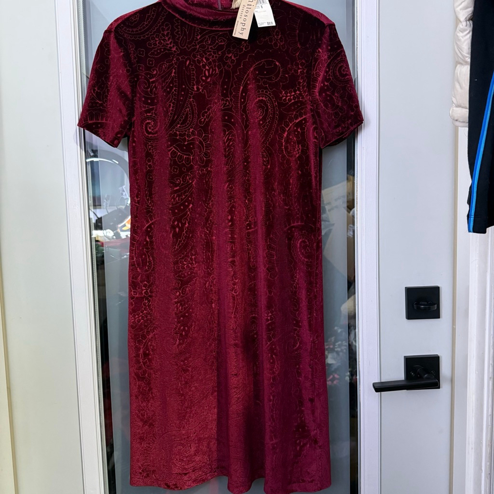 NWT Philosophy Burgundy Paisley Velvet Mock Neck Mini Dress M - Picture 2 of 8